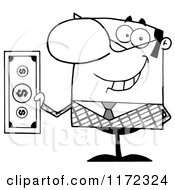 Cartoon Of A Smiling Grayscale Businessman Holding Cash And One Hand Behind His Back Royalty Free Vector Clipart