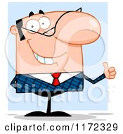 Cartoon Of A Pleased White Businessman Holding A Thumb Up And Smiling Over Blue Royalty Free Vector Clipart