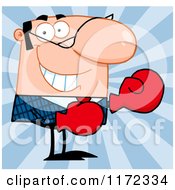 Cartoon Of A Grinning Caucasian Businessman Wearing Boxing Gloves Over Blue Rays Royalty Free Vector Clipart