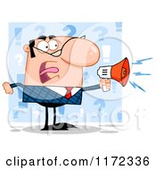 Cartoon Of An Angry White Businessman Shouting Through A Megaphone Over Blue Question Marks Royalty Free Vector Clipart
