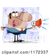 Cartoon Of An Angry Black Indian Or Hispanic Businessman Shouting Through A Megaphone Over Purple Question Marks Royalty Free Vector Clipart