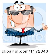 Cartoon Of A Happy White Businessman Wearing Sunglasses And Holding A Thumb Up Over Blue Royalty Free Vector Clipart