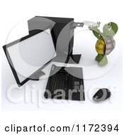 Clipart Of A 3d Tortoise Putting A Software Disk In A Computer Royalty Free CGI Illustration