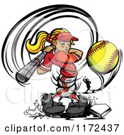 Poster, Art Print Of Twisted Softball Player Girl Swinging At A Ball With A Pitcher In The Background