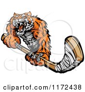 Clipart Of A Roaring Tiger Holding A Hockey Stick Royalty Free Vector Illustration by Chromaco
