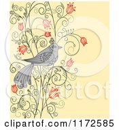 Poster, Art Print Of Gray Bird On A Floral Vine Over Yellow