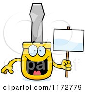 Cartoon Of A Happy Screwdriver Mascot Holding A Sign Royalty Free Vector Clipart