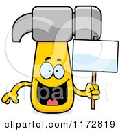 Cartoon Of A Happy Hammer Mascot Holding A Sign Royalty Free Vector Clipart