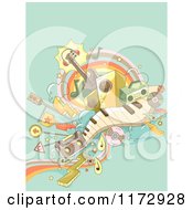 Cartoon Of A Retro Music Background With Instruments And Transportation Doodles On Green Royalty Free Vector Clipart