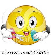 Poster, Art Print Of Happy Emoticon Smiley Holding A Sales Tag And Scissors