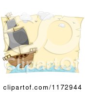 Cartoon Of A Pirate Ship At Sea On A Parchment Page Royalty Free Vector Clipart