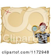Cartoon Of A Pirate Skeleton With A Telescope Over A Parchment Treasure Map Royalty Free Vector Clipart by BNP Design Studio