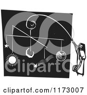 Clipart Of A Girl Holding A Solar System Mobile Black And White Woodcut Royalty Free Vector Illustration by xunantunich