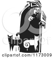 Poster, Art Print Of Old Lady With Cats At Her Feet Black And White Woodcut