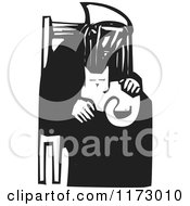 Clipart Of An Old Lady Sitting With A Cat In Her Lap Black And White Woodcut Royalty Free Vector Illustration by xunantunich