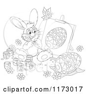 Poster, Art Print Of Outlined Easter Bunny Painting An Egg On An Easel