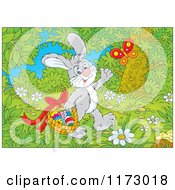 Cartoon Of A Gray Easter Bunny Waving And Carrying Eggs In A Basket Through The Woods Royalty Free Vector Clipart