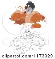 Cartoon Of Black And Outlined Moles Waving From Their Holes Royalty Free Vector Clipart