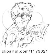Cartoon Of A Sketched Black And White Worried Man Reading A Bill Royalty Free Vector Clipart