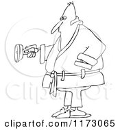 Cartoon Of An Outlined Man In A Robe Shining A Flashlight Royalty Free Vector Clipart