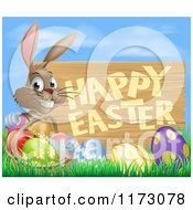 Cartoon Of A Brown Bunny With A Basket And Easter Eggs In Grass By A Happy Easter Sign And Blue Sky Royalty Free Vector Clipart