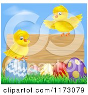 Poster, Art Print Of Wooden Sign With Chicks And Easter Eggs Against Blue Sky
