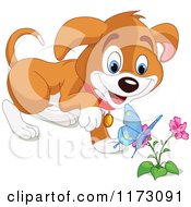 Poster, Art Print Of Puppy Watching A Spring Butterfly On A Flower