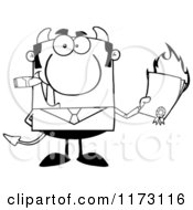 Cartoon Of A Black And White Devil Businessman Smoking A Cigar And Holding A Burning Contract Royalty Free Vector Clipart