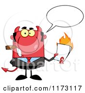 Talking Devil Businessman Smoking A Cigar And Holding A Burning Contract