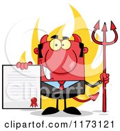 Devil Businessman Holding A Contract And Pitchfork With Flames
