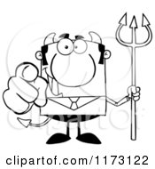 Black And White Devil Businessman Pointing Outwards And Holding A Pitchfork