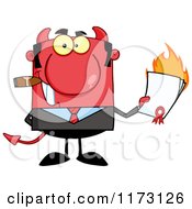 Devil Businessman Smoking A Cigar And Holding A Burning Contract