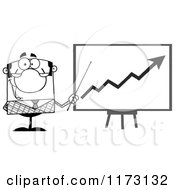 Cartoon Of A Grayscale Businessman Presenting A Growth Statistics Chart Royalty Free Vector Clipart