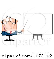 Cartoon Of A White Businessman Presenting By A Blank Board Royalty Free Vector Clipart