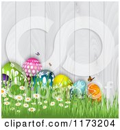Poster, Art Print Of Easter Eggs Butterflies Flowers And Grass Against A White Wooden Fence