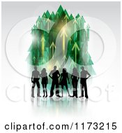 Poster, Art Print Of Silhouetted Group Of People Over Green And Yellow Arrows Pointing Up On Gray