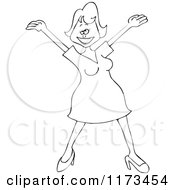 Cartoon Of An Outlined Happy Woman Holding Her Arms Up Royalty Free Vector Clipart