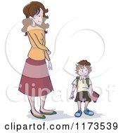 Cartoon Of A Mother Looking Down At Her Son While Waiting For The First Day Of School Royalty Free Vector Clipart