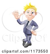 Poster, Art Print Of Friendly Blond Businessman In A Blue Suit Leaning And Waving