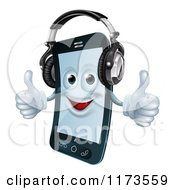 Happy Cell Phone Mascot Wearing Headphones And Holding Two Thumbs Up