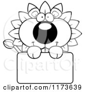Cartoon Clipart Of A Happy Dandelion Flower Lion Mascot Over A Sign Vector Outlined Coloring Page
