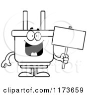 Black And White Happy Electric Plug Mascot Holding A Sign
