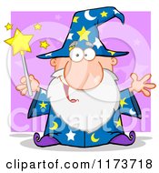 Cartoon Of A Happy Old Wizard Man Holding A Magic Wand Over Purple Royalty Free Vector Clipart by Hit Toon