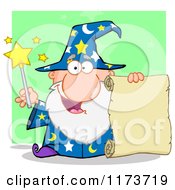 Cartoon Of A Happy Old Wizard Man Holding A Scroll And Wand Over Green Royalty Free Vector Clipart by Hit Toon