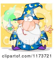 Cartoon Of A Crazy Old Wizard Man Holding A Potion Over Yellow Royalty Free Vector Clipart