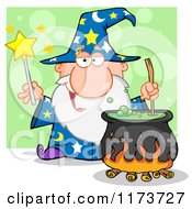 Poster, Art Print Of Wizard Holding A Magic Wand And Stirring A Cauldron Over Green