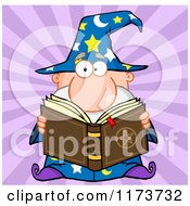 Wizard Man Reading A Spell Book Over Purple Rays