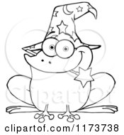 Cartoon Of A Black And White Wizard Frog With A Hat And Magic Wand In His Mouth Royalty Free Vector Clipart