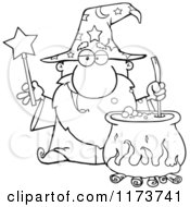 Poster, Art Print Of Black And White Wizard Holding A Magic Wand And Stirring A Cauldron