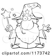 Poster, Art Print Of Black And White Happy Old Wizard Man Holding A Magic Wand